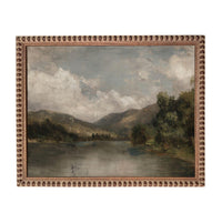 The image is a painting of a serene landscape featuring a lake surrounded by mountains and lush greenery.