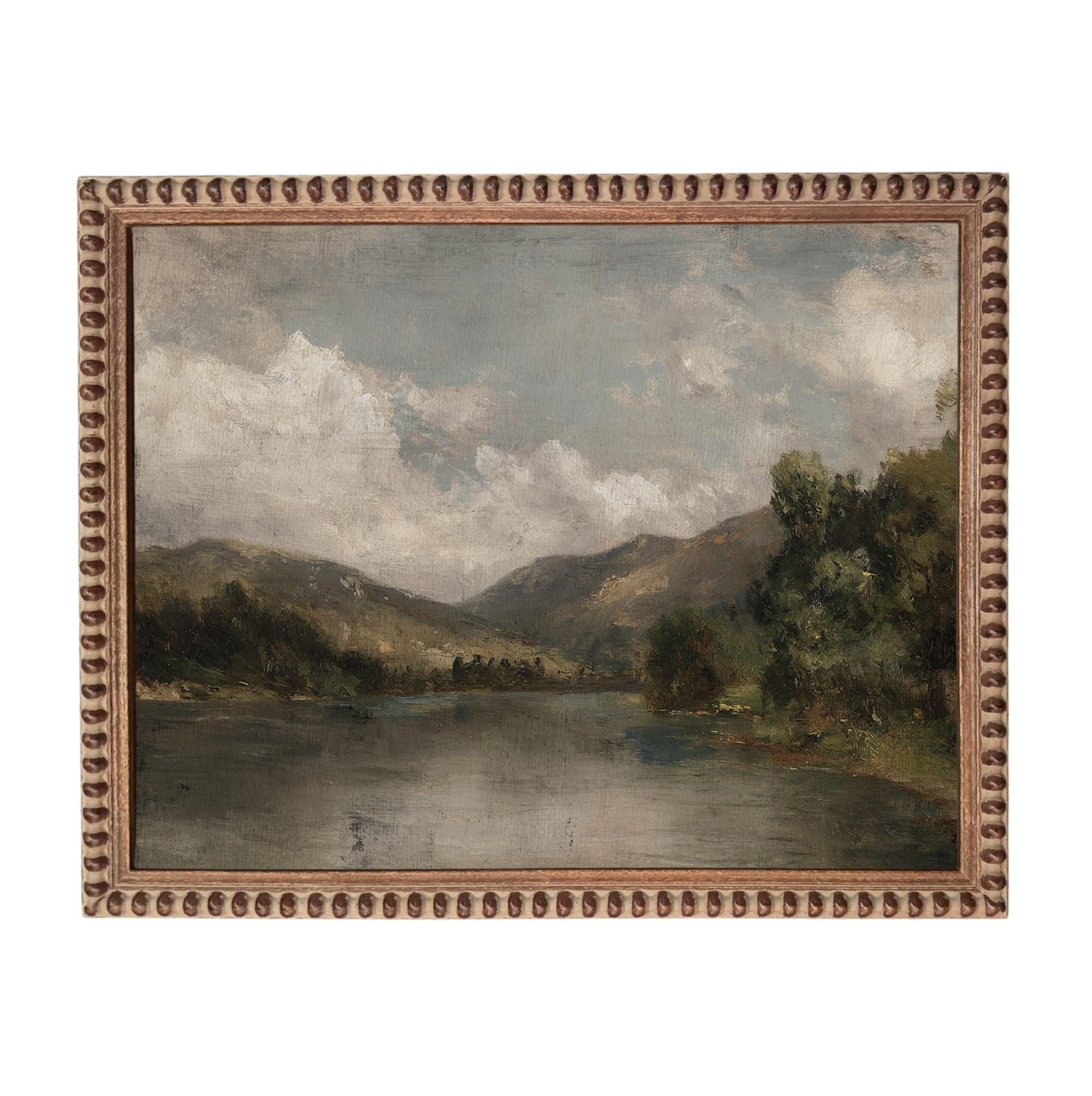 The image is a painting of a serene landscape featuring a lake surrounded by mountains and lush greenery.