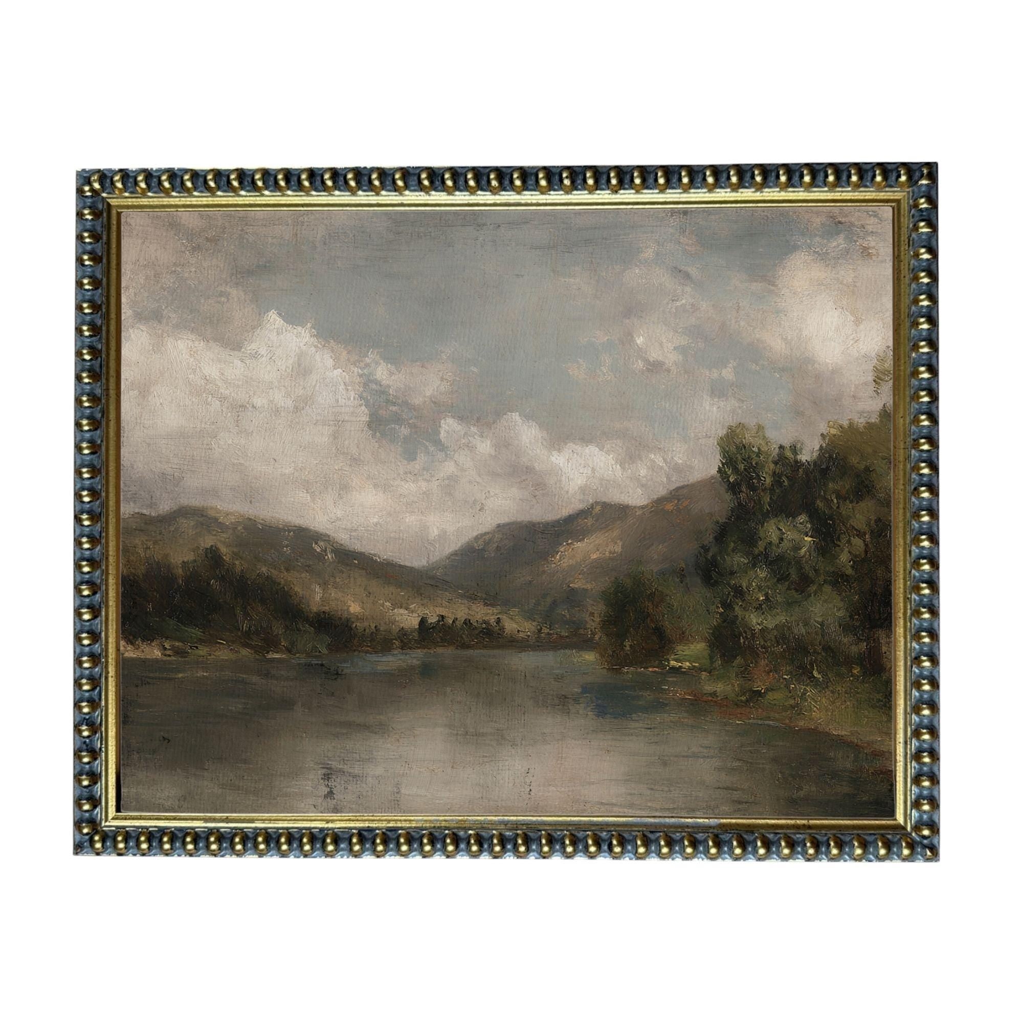 The image is a painting of a serene landscape featuring a lake surrounded by mountains and lush greenery.