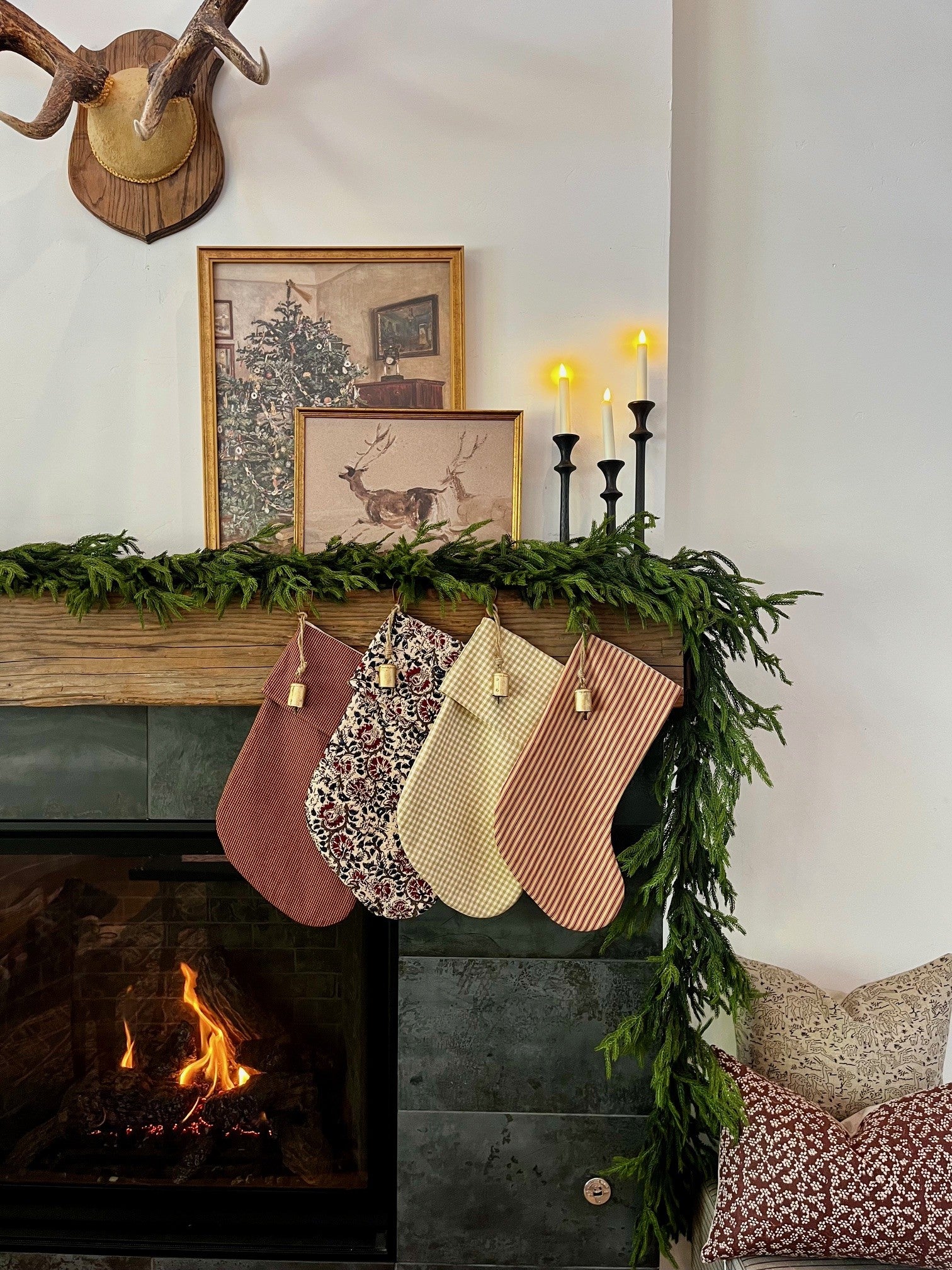 Christmas Stocking "Fold Over" Beige Check Plaid