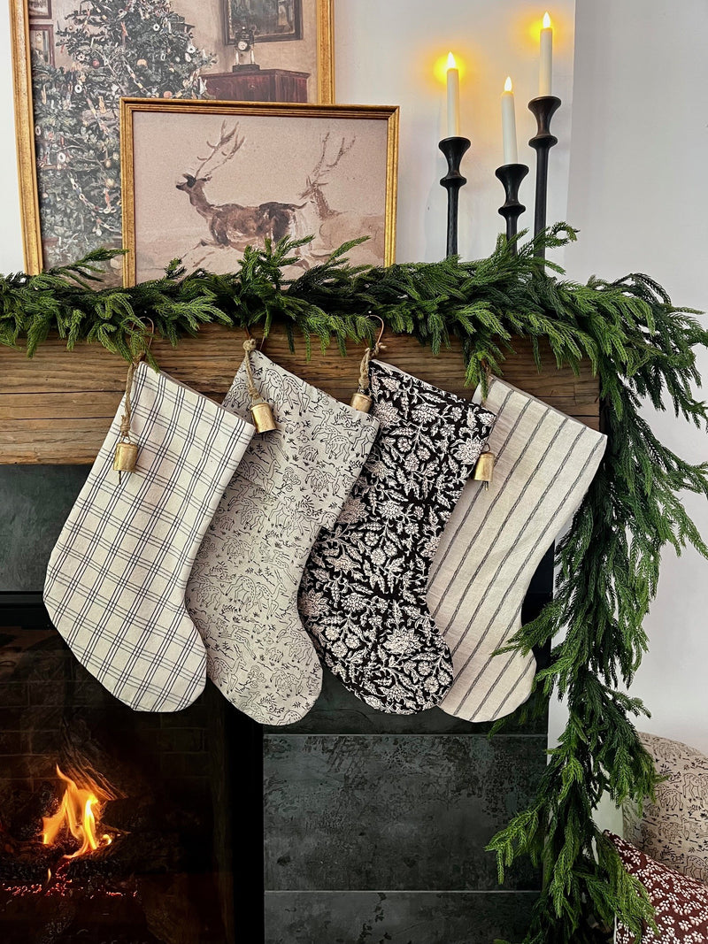 Christmas Stocking "Fold Over" Reindeer Linen Print