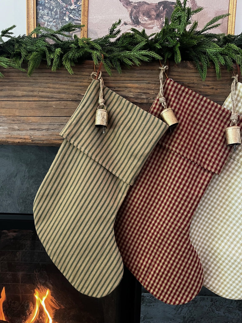 *Fold Over* Vintage Inspired Green and Tan Stripe Christmas Stockings