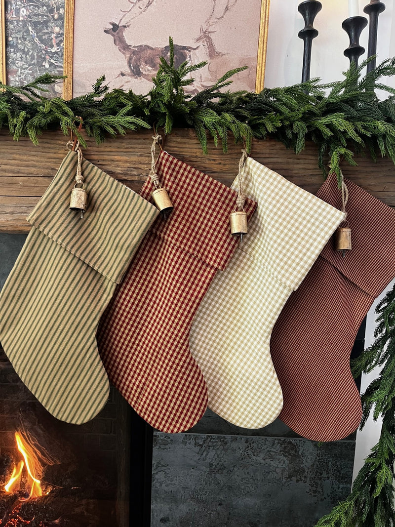 Christmas Stocking "Fold Over" Beige Check Plaid