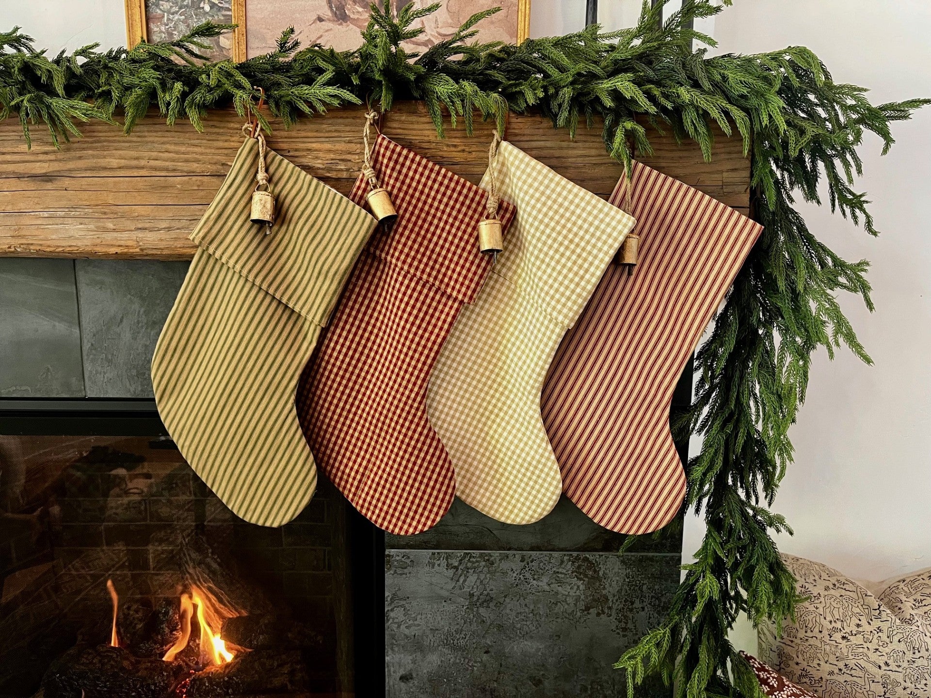Christmas Stocking "Fold Over" Beige Check Plaid