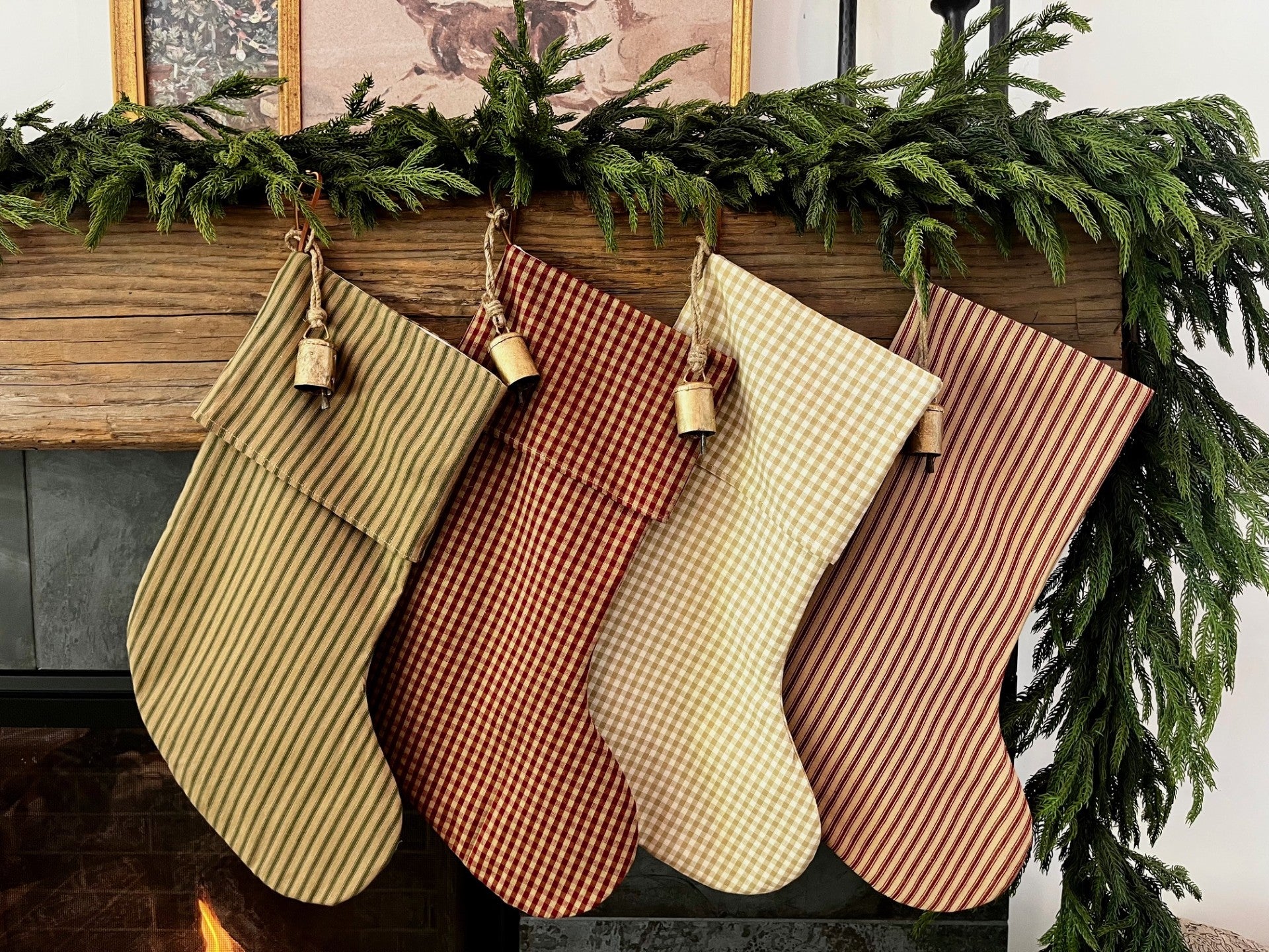 *Fold Over* Vintage Inspired Green and Tan Stripe Christmas Stockings