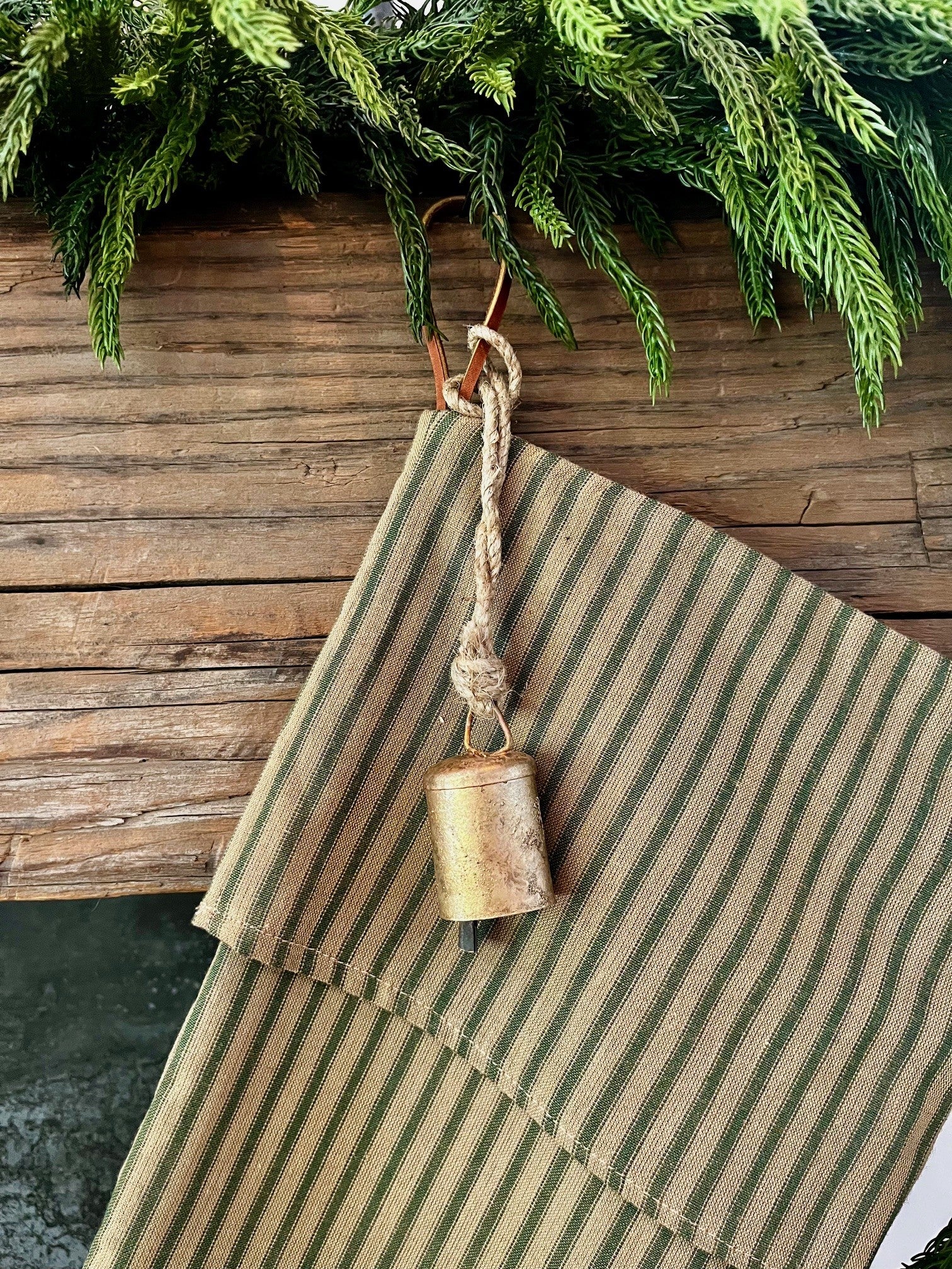 *Fold Over* Vintage Inspired Green and Tan Stripe Christmas Stockings
