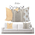 Linen + Cloth Curated Collection "Alder" // Kufri Rex , Turandot Bloom, Clay McLaurin Caspian and Rubia  pillows  //  Designer Pillow Combos