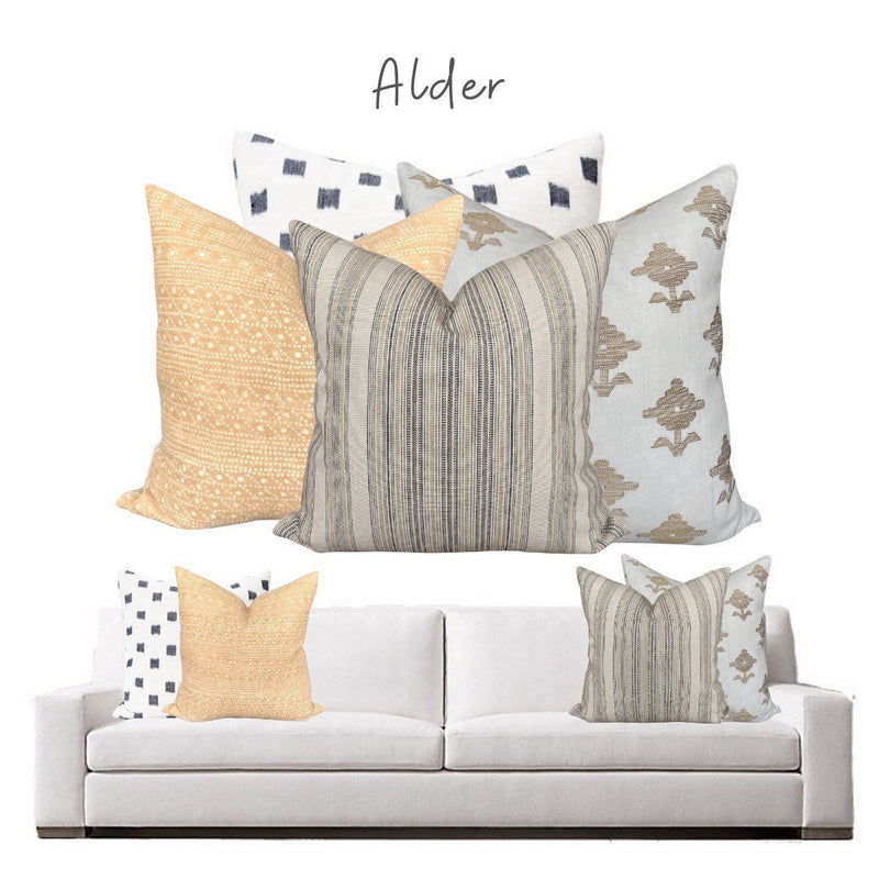 Linen + Cloth Curated Collection "Alder" // Kufri Rex , Turandot Bloom, Clay McLaurin Caspian and Rubia  pillows  //  Designer Pillow Combos