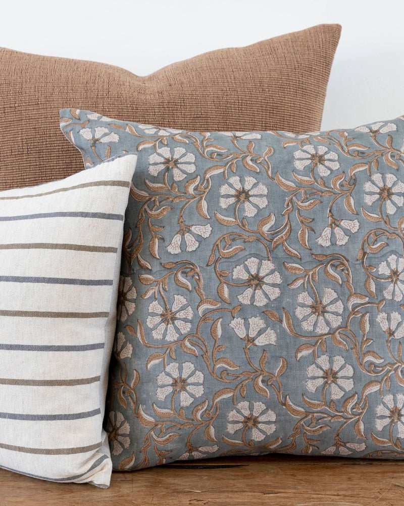 Linen + Cloth Curated Collection "Shiloh" // Floral Block Print, Striped pillows  //  Designer Pillow Combos // Briwn Blue Pillow Set
