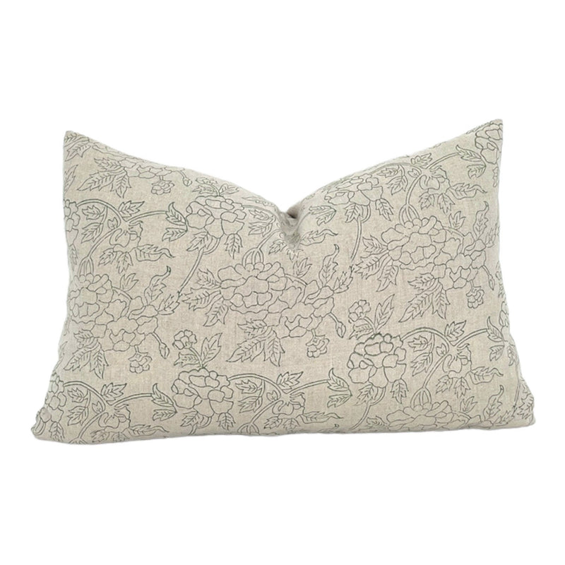 READY TO SHIP 14X22 Designer Marceline in Olive Linen Pillow Cover // Green Floral Pillow // Traditional Pillow // Decorative Throw Pillows