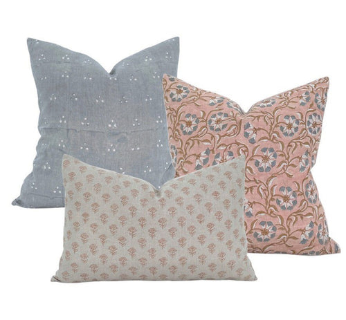 Linen + Cloth Curated Collection "Logan" // Nishaan, Surana and Naya pillows  //  Designer Pillow Combos // Pink Blue Throw Pillow Set