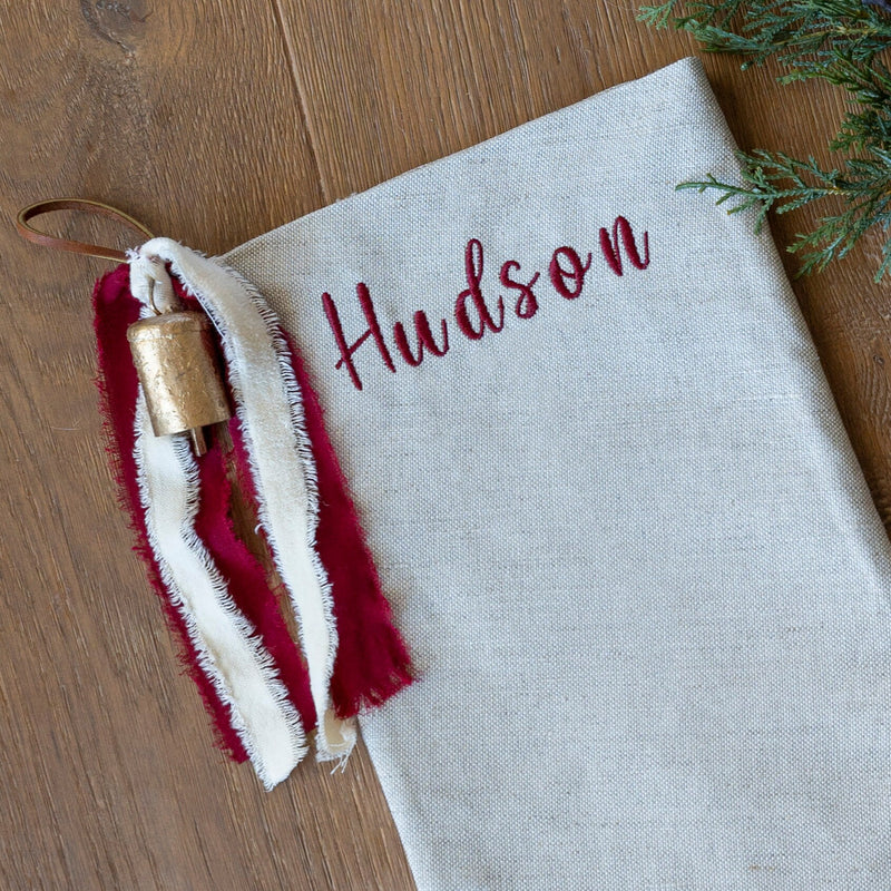 Personalized Linen Christmas Stocking | Custom Name Christmas Stocking | Linen Stocking Cognac Ribbon Vintage Gold Bell | Monogram Stocking