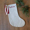Personalized Linen Christmas Stocking | Custom Name Christmas Stocking | Linen Stocking Cognac Ribbon Vintage Gold Bell | Monogram Stocking