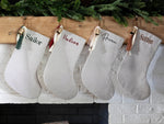 Personalized Linen Christmas Stocking | Custom Name Christmas Stocking | Linen Stocking Crimson Ribbon Vintage Gold Bell | Monogram Stocking