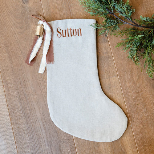 Personalized Linen Christmas Stocking | Custom Name Christmas Stocking | Linen Stocking Cognac Ribbon Vintage Gold Bell | Monogram Stocking