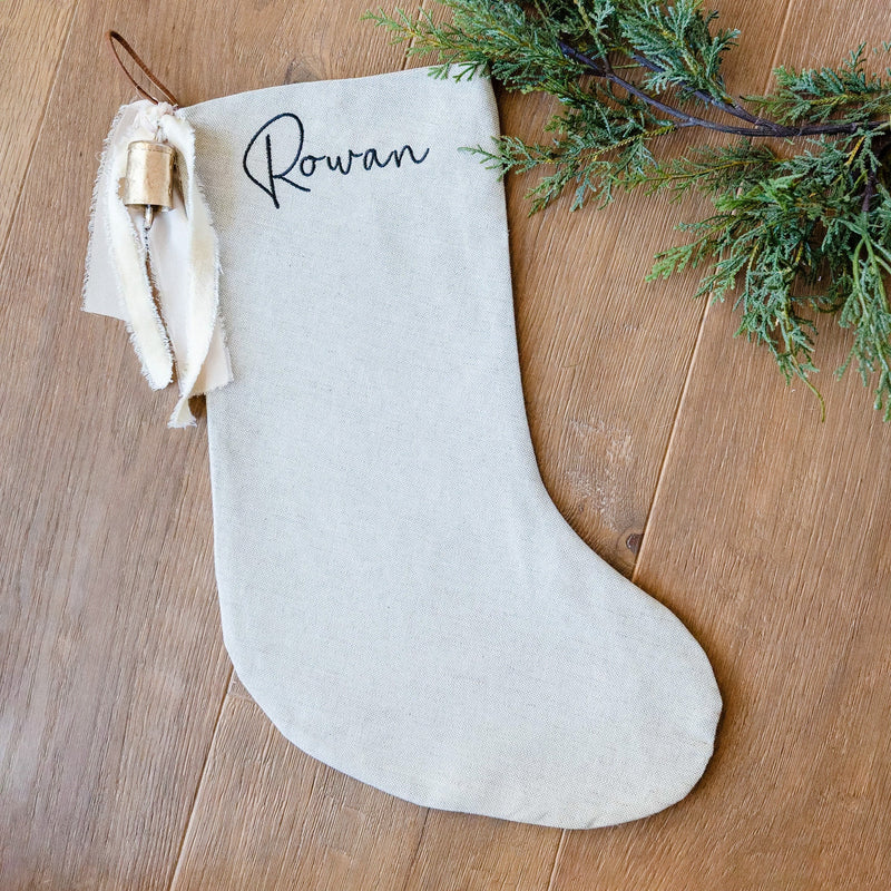 Personalized Linen Christmas Stocking | Custom Name Christmas Stocking | Linen Stocking Cream Ribbon Vintage Gold Bell | Monogram Stocking