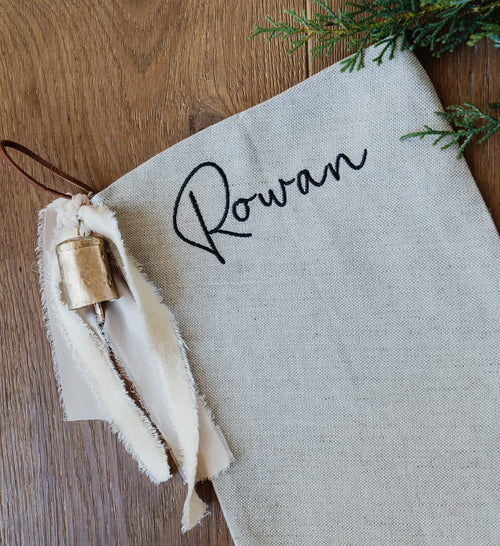 Personalized Linen Christmas Stocking | Custom Name Christmas Stocking | Linen Stocking Cream Ribbon Vintage Gold Bell | Monogram Stocking
