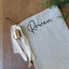 Personalized Linen Christmas Stocking | Custom Name Christmas Stocking | Linen Stocking Crimson Ribbon Vintage Gold Bell | Monogram Stocking