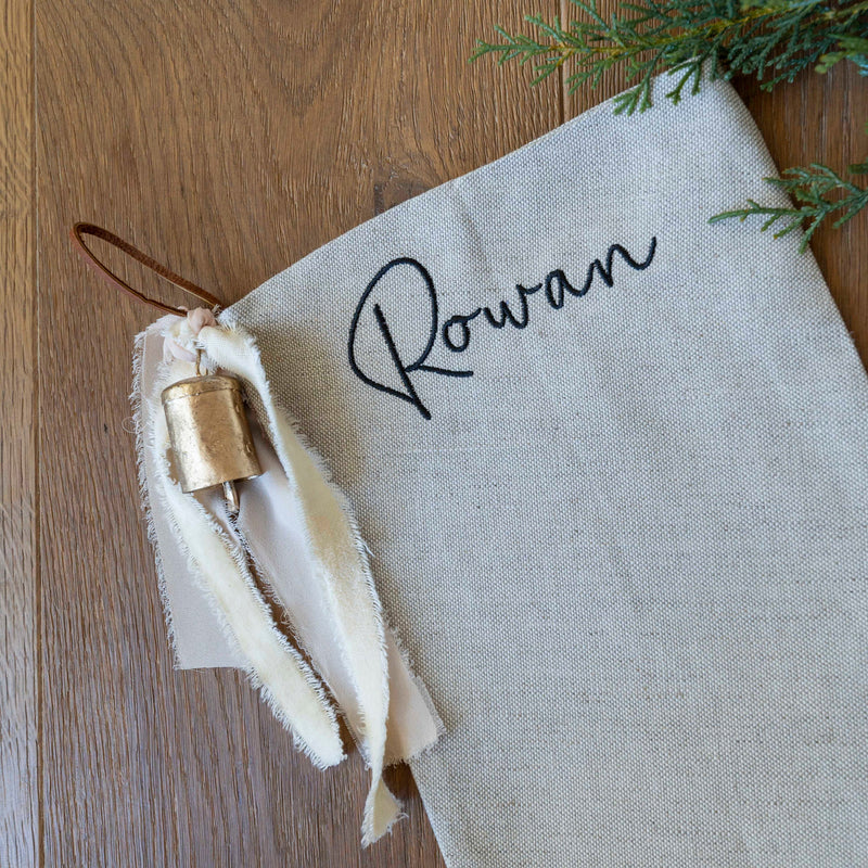 Personalized Linen Christmas Stocking | Custom Name Christmas Stocking | Linen Stocking Cognac Ribbon Vintage Gold Bell | Monogram Stocking