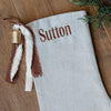 Personalized Linen Christmas Stocking | Custom Name Christmas Stocking | Linen Stocking Crimson Ribbon Vintage Gold Bell | Monogram Stocking