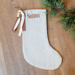 Personalized Linen Christmas Stocking | Custom Name Christmas Stocking | Linen Stocking Green Ribbon Vintage Gold Bell | Monogram Stocking