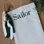 Personalized Linen Christmas Stocking | Custom Name Christmas Stocking | Linen Stocking Cream Ribbon Vintage Gold Bell | Monogram Stocking