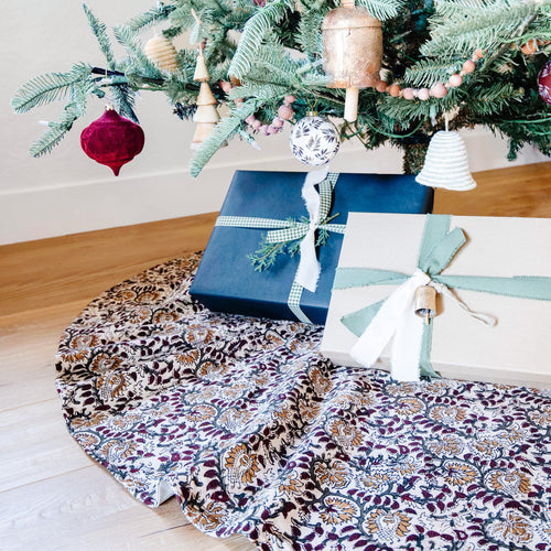 Vintage Inspired Floral Block Print Christmas Tree Skirt  | Traditional Tree Skirts | Modern Farmhouse Tree Skirt | High End Boutique