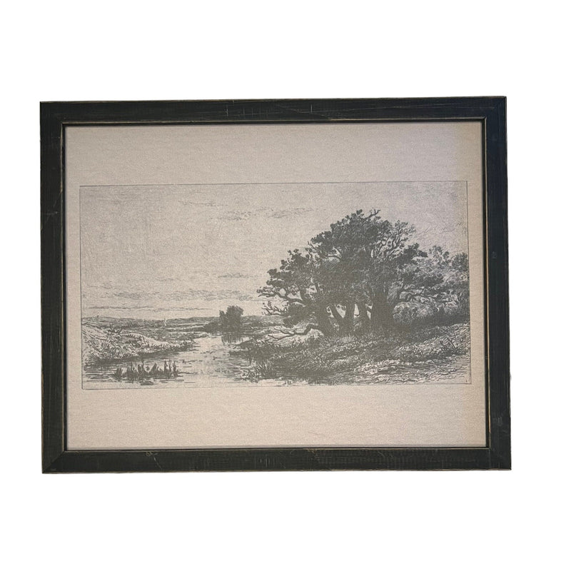 Vintage Framed Canvas Art  // Framed Vintage Etching Print // Vintage Painting // Black White Oak Tree Sketch // Farmhouse print //#LAN-134
