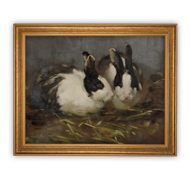 Vintage Framed Canvas Art  // Framed Vintage Print // Vintage Bunny Rabbit Painting // Easter Oil Painting// Farmhouse print //#A-143