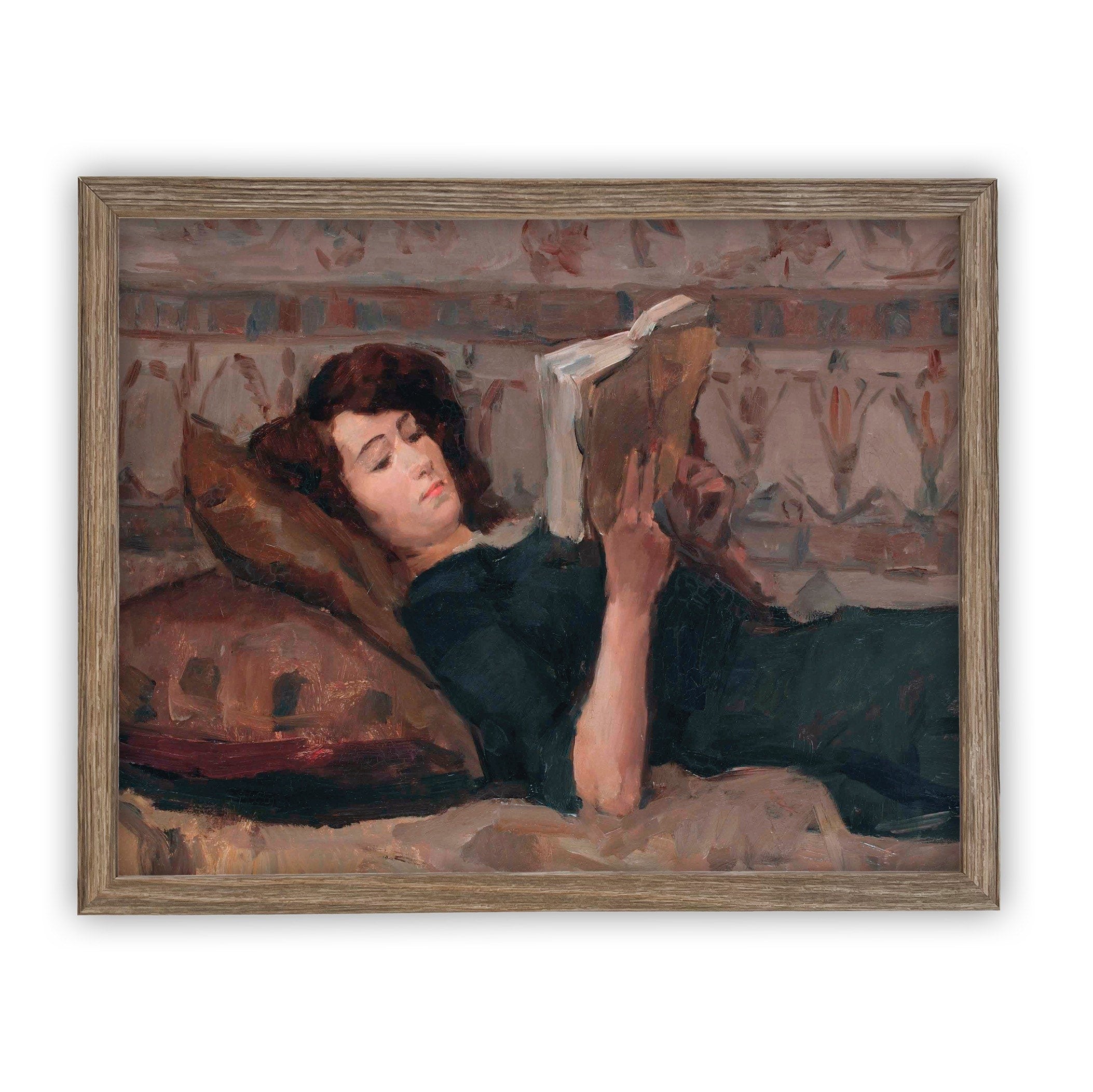 Vintage Framed Canvas Art  // Framed Vintage Print // Vintage Painting // Reading Woman Portrait // Farmhouse print //#P-508