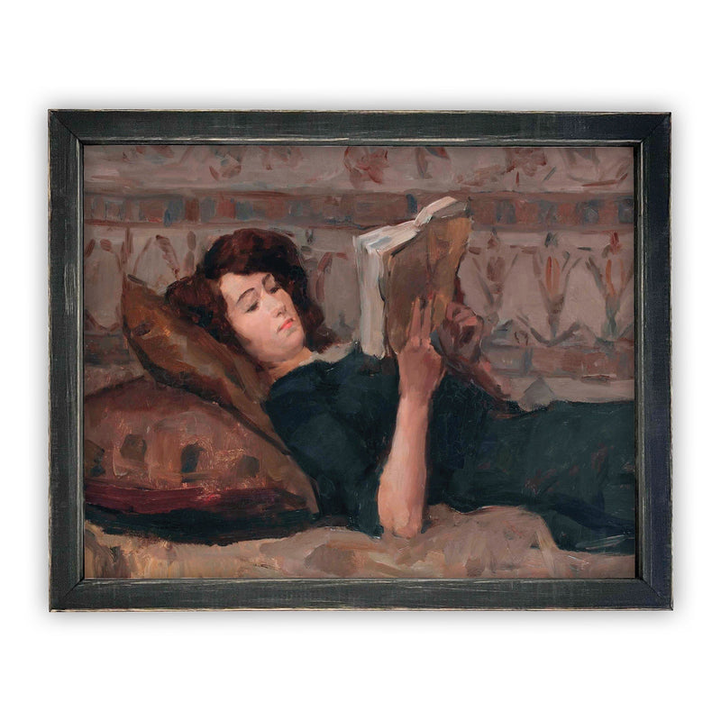 Vintage Framed Canvas Art  // Framed Vintage Print // Vintage Painting // Reading Woman Portrait // Farmhouse print //#P-508