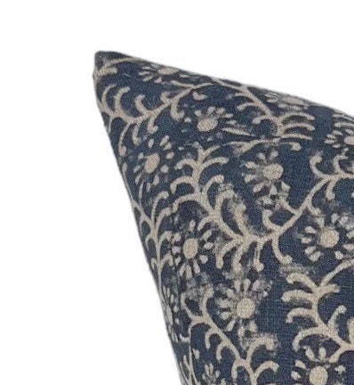 READY TO SHIP 24x24 Kochin Pillow Cover in Indigo // Modern Farmhouse Decor Pillow // Floral Linen Decorative Pillow //Blue and Beige Pillow