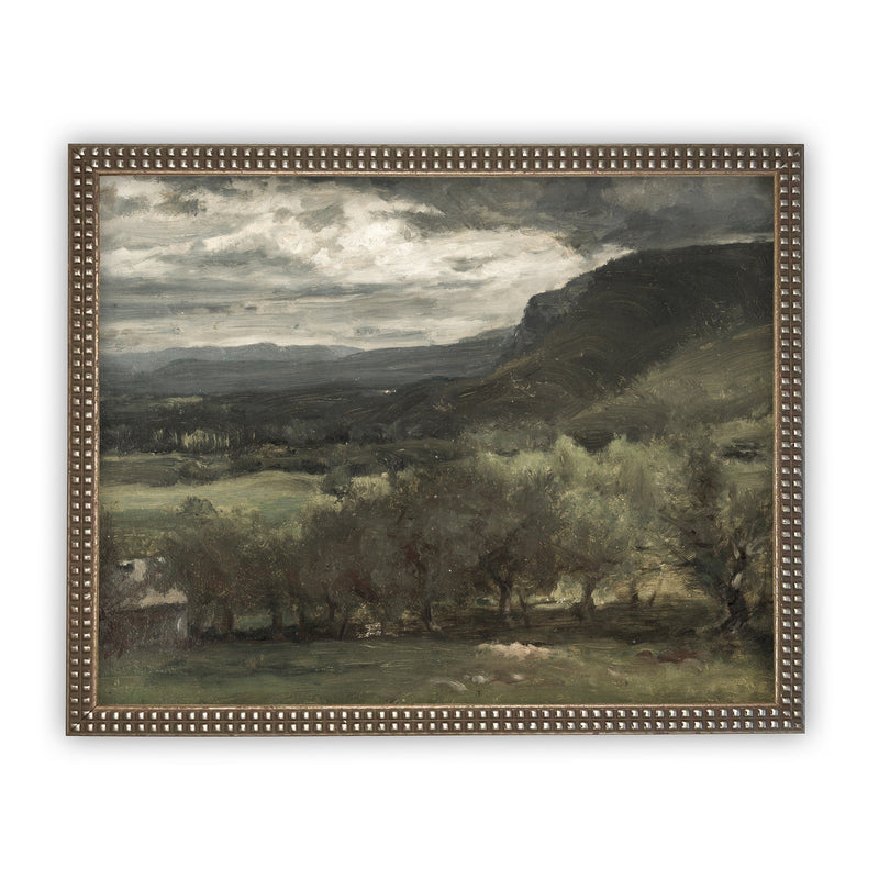Vintage Framed Canvas Art  // Framed Vintage Print // Vintage Painting // Green Pasture Landscape Print // Farmhouse print //#LAN-127