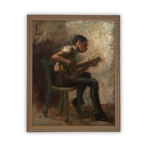 Vintage Framed Canvas Art  // Framed Vintage Print // Vintage Painting // Boy Playing Guitar Art// Farmhouse print //#P-509