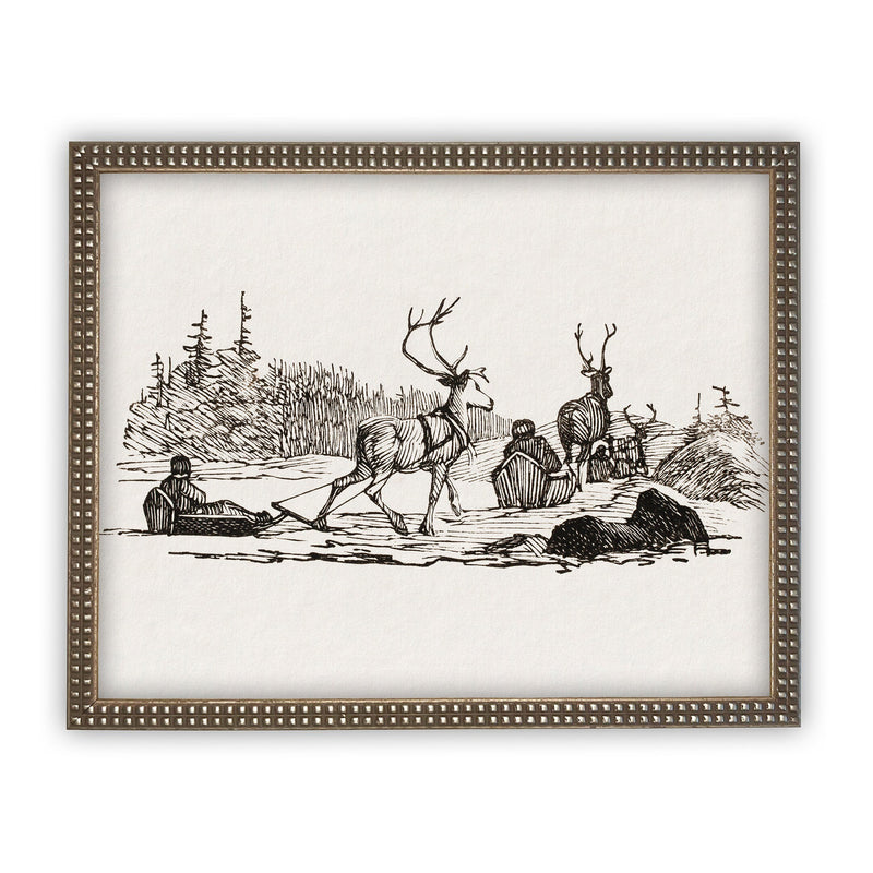 Vintage Framed Canvas Art Reindeer Holiday Painting #CH-307