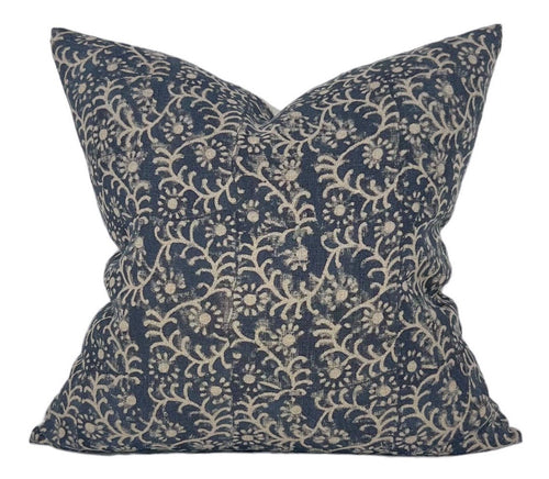 READY TO SHIP 20X20 Kochin Pillow Cover in Indigo // Modern Farmhouse Decor Pillow // Floral Linen Decorative Pillow //Blue and Beige Pillow