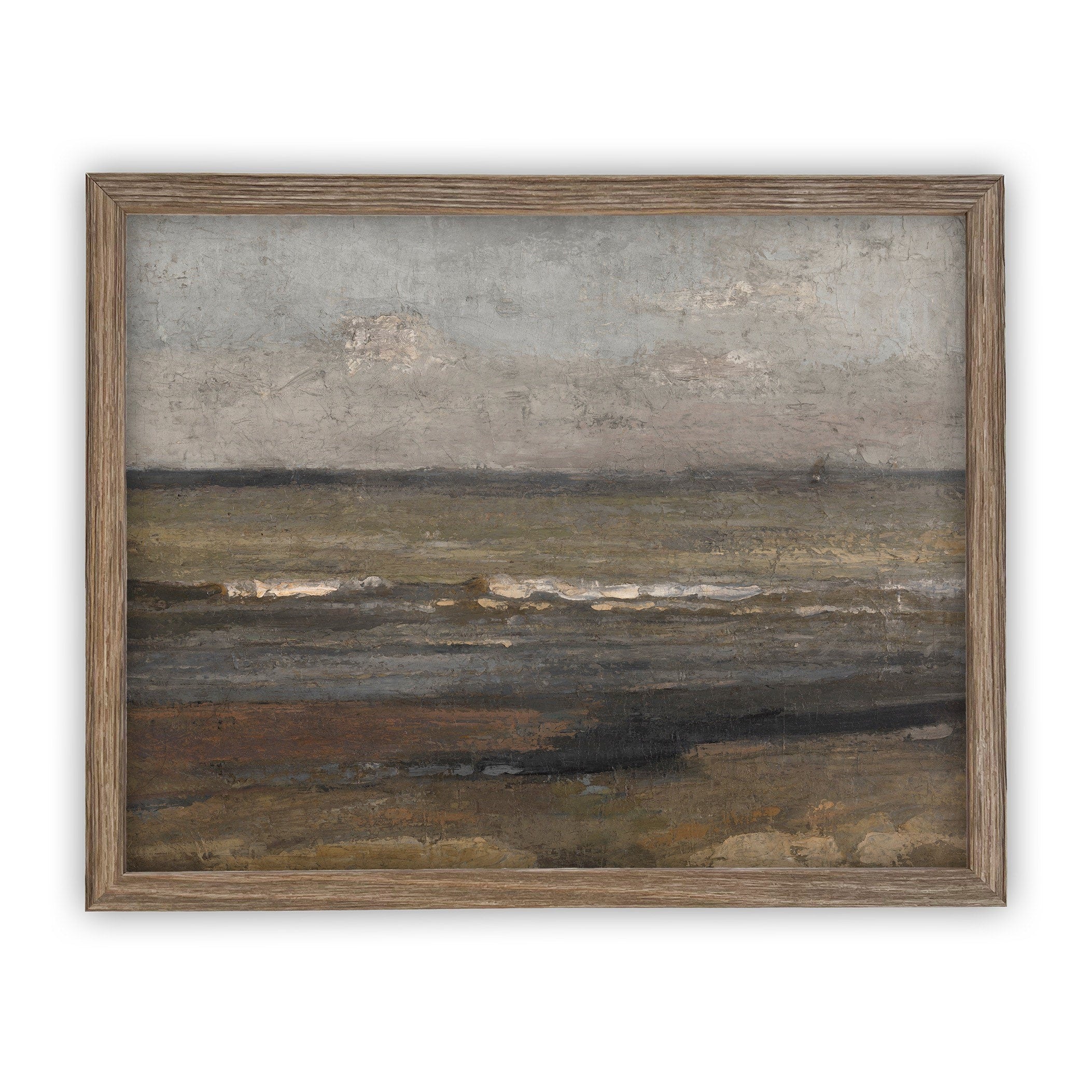 Vintage Framed Canvas Art // Framed Vintage Seascape Print // Coastal Beach Vintage Painting // Moody Farmhouse Print //#LAN-187