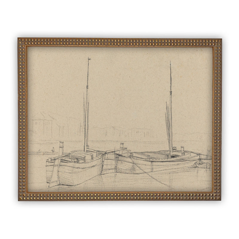 Vintage Framed Canvas Art  // Framed Vintage Print // Vintage Painting // Vintage Sailboat Sketch // Farmhouse print //#LAN-188