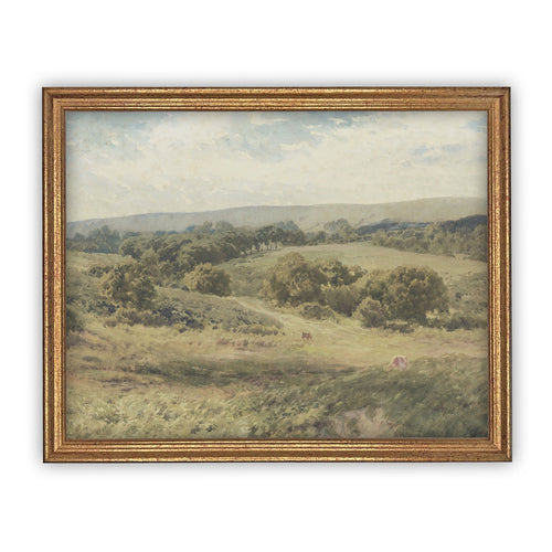 Vintage Framed Canvas Art // Framed Vintage Print // Vintage Pasture Oil Painting // Vintage Green Landscape // Farmhouse Art //#LAN-190