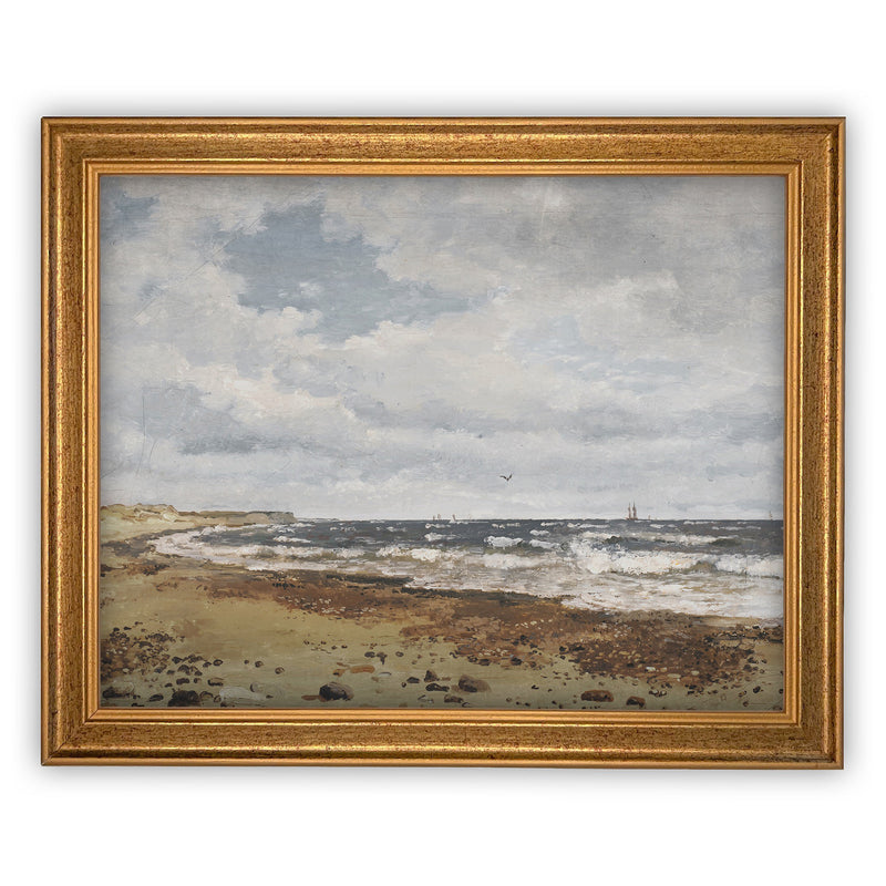 Vintage Framed Canvas Art // Framed Vintage Print // Seascape Coastal Beach Vintage Oil Painting // Farmhouse Print //#LAN-180