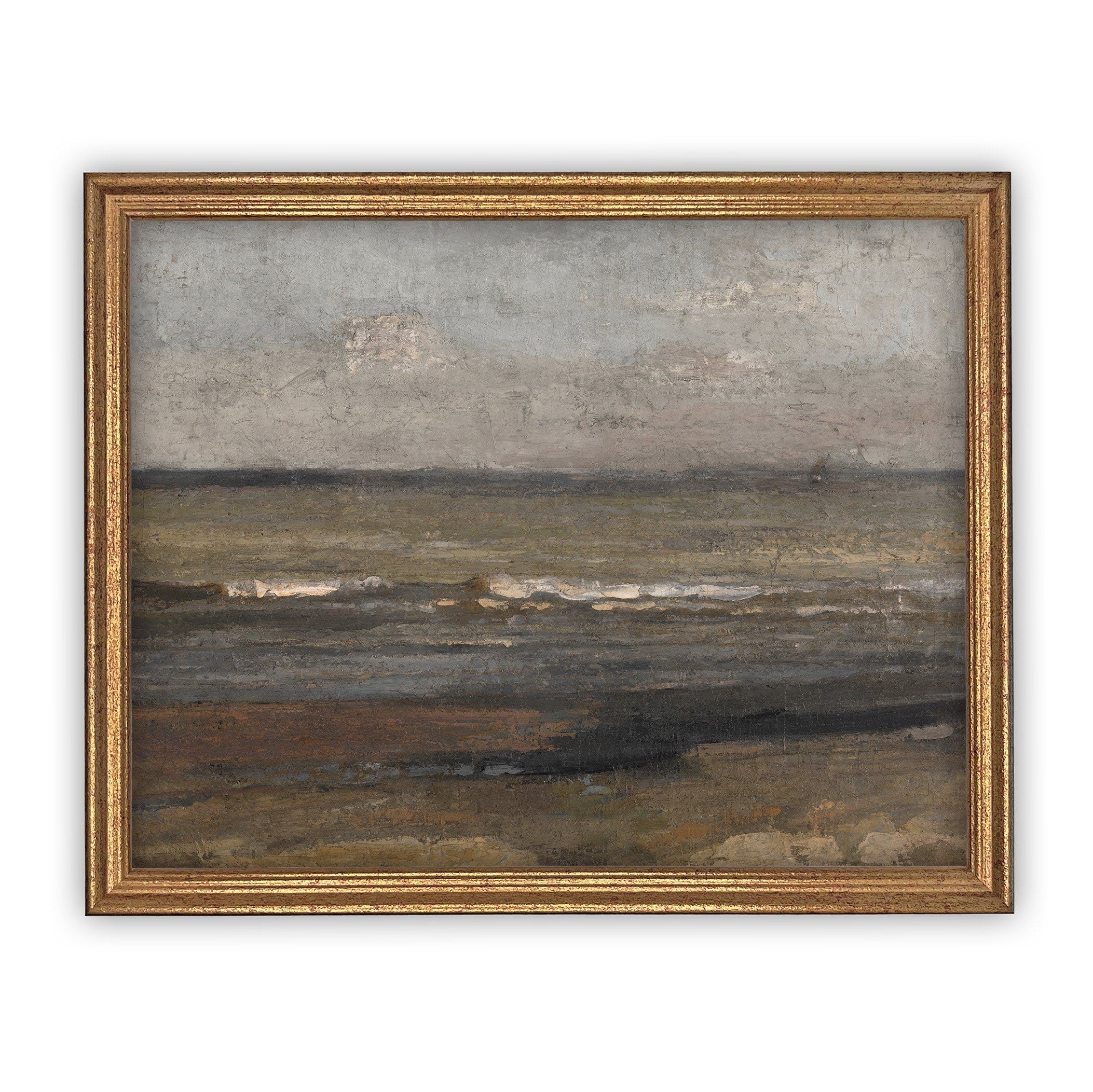 Vintage Framed Canvas Art // Framed Vintage Seascape Print // Coastal Beach Vintage Painting // Moody Farmhouse Print //#LAN-187