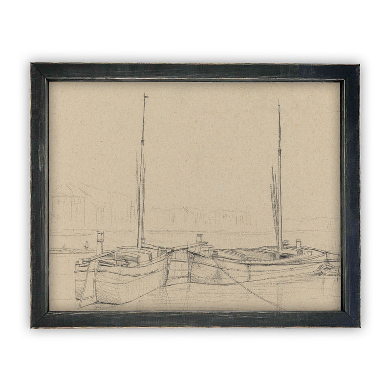 Vintage Framed Canvas Art  // Framed Vintage Print // Vintage Painting // Vintage Sailboat Sketch // Farmhouse print //#LAN-188