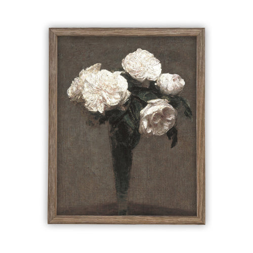 Vintage Framed Canvas Art // Framed Vintage Floral Print // Vintage White Roses Painting // Still Life Floral // Farmhouse Art //#BOT-131