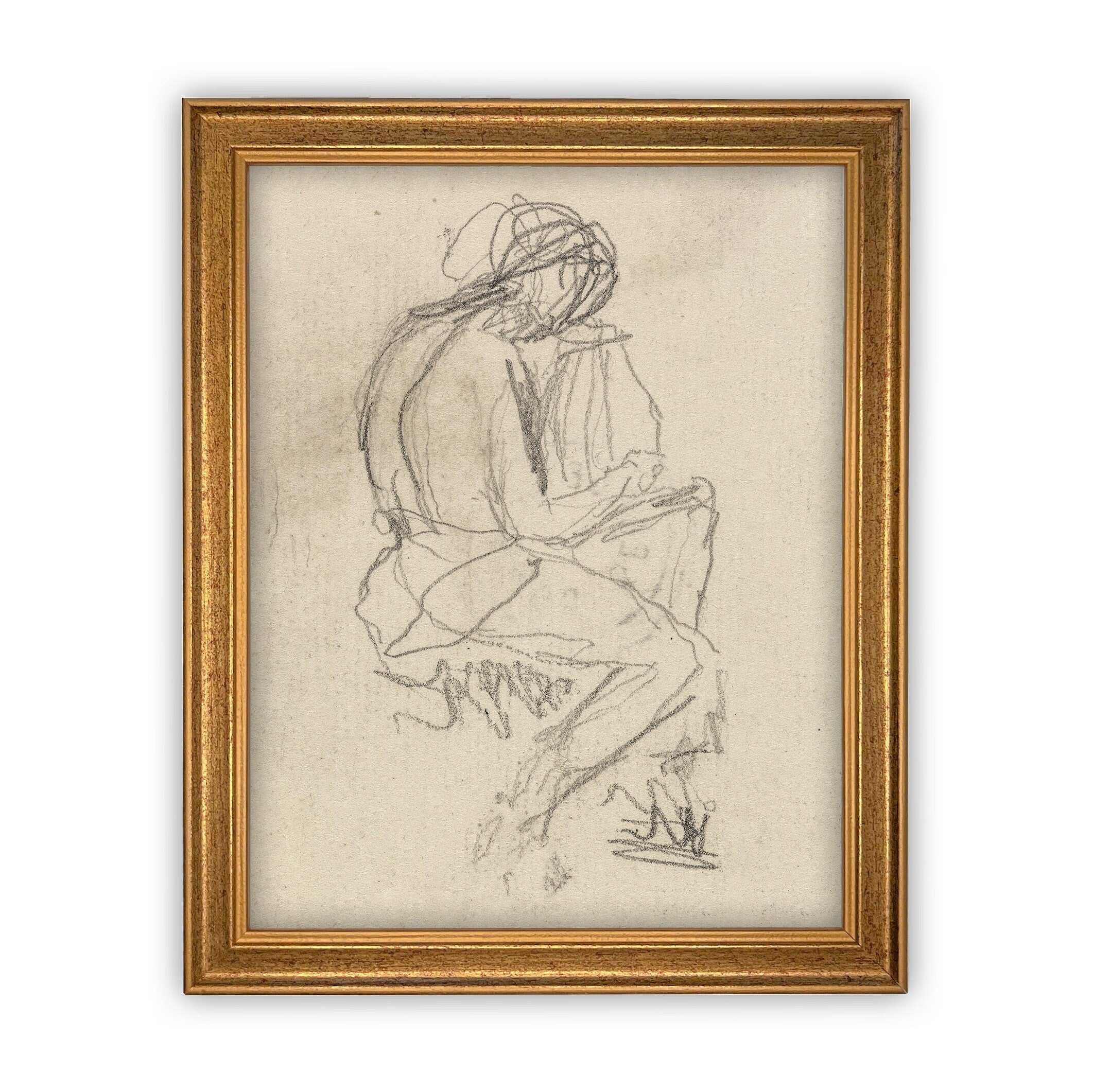 Vintage Framed Canvas Art // Framed Vintage Print // Vintage Painting // Vintage Portrait Sketch // Neutral Framed Sketch //#P-531