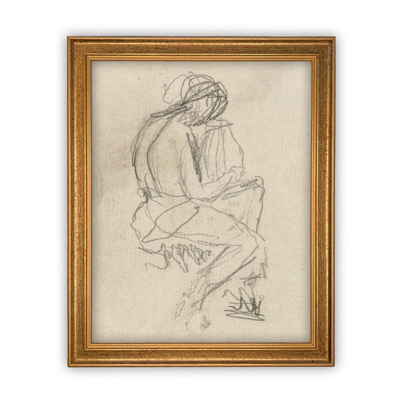 Vintage Framed Canvas Art // Framed Vintage Print // Vintage Painting // Vintage Portrait Sketch // Neutral Framed Sketch //#P-531