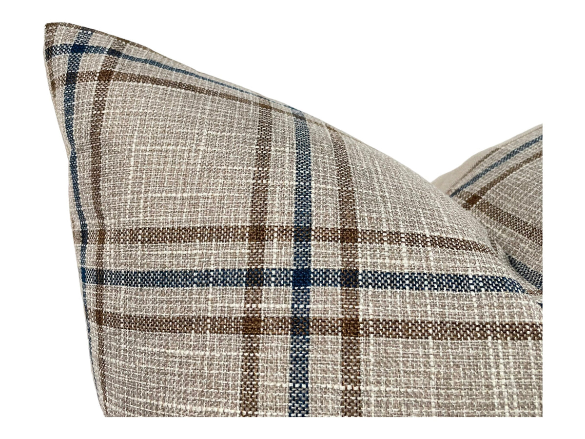 READY TO SHIP 22X22 Designer "Beaumont" Plaid Pillow Cover // Brown and Blue Plaid Pillow Cover // Boutique Pillow // Modern Farmhouse