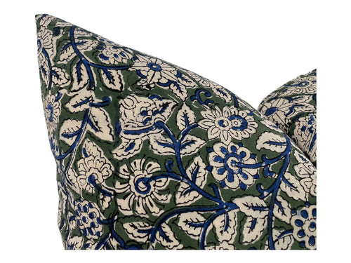 Designer "Solana" Floral Pillow Cover // Olive Green, Blue and Cream Pillow Cover