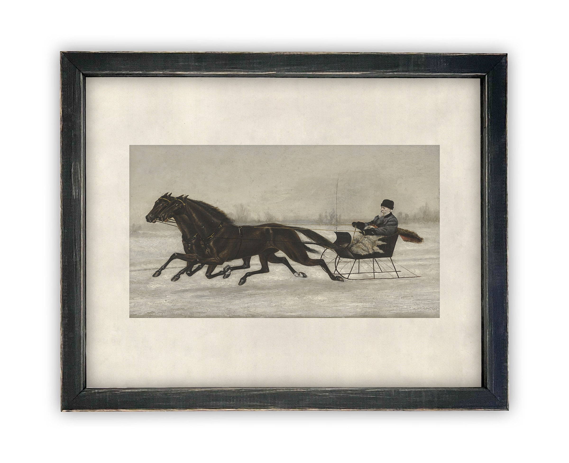 Vintage Framed Canvas Art // Framed Vintage Christmas Print // Vintage Painting //Winter Sleigh Ride // Farmhouse print //#CH-317