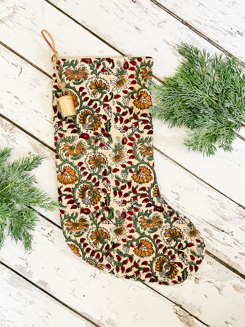 Vintage Inspired Floral Block Print Christmas Stockings | Trendy Christmas Stocking | Modern Farmhouse Christmas Stockings | High End