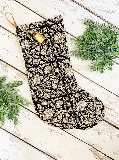Vintage Inspired Black Floral Block Print Christmas Stockings | Trendy Christmas Stocking | Modern Farmhouse Christmas Stockings | High End